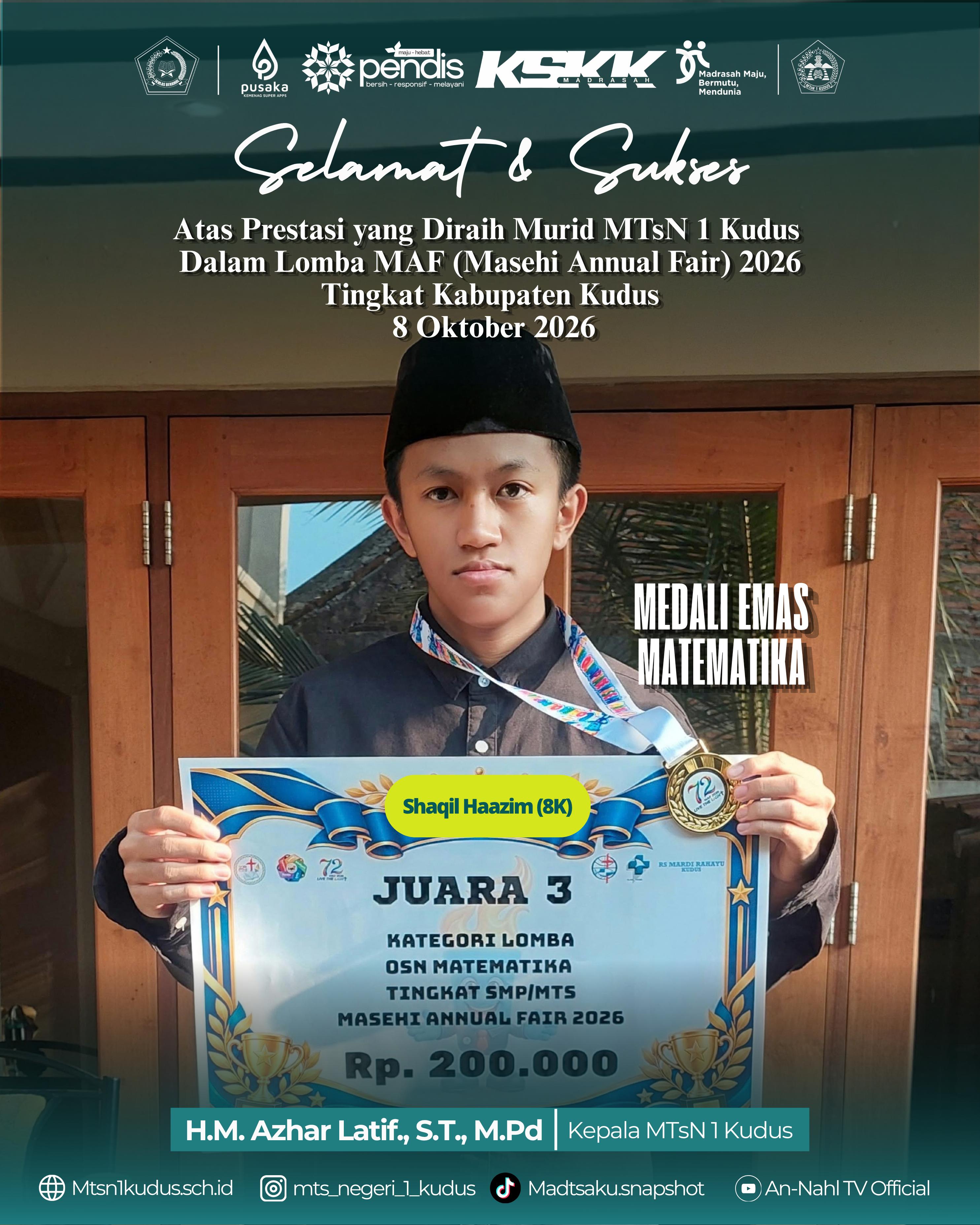 Shaqil Haazim Raih Medali Emas Matematika dalam MAF 2026 Tingkat Kabupaten Kudus
