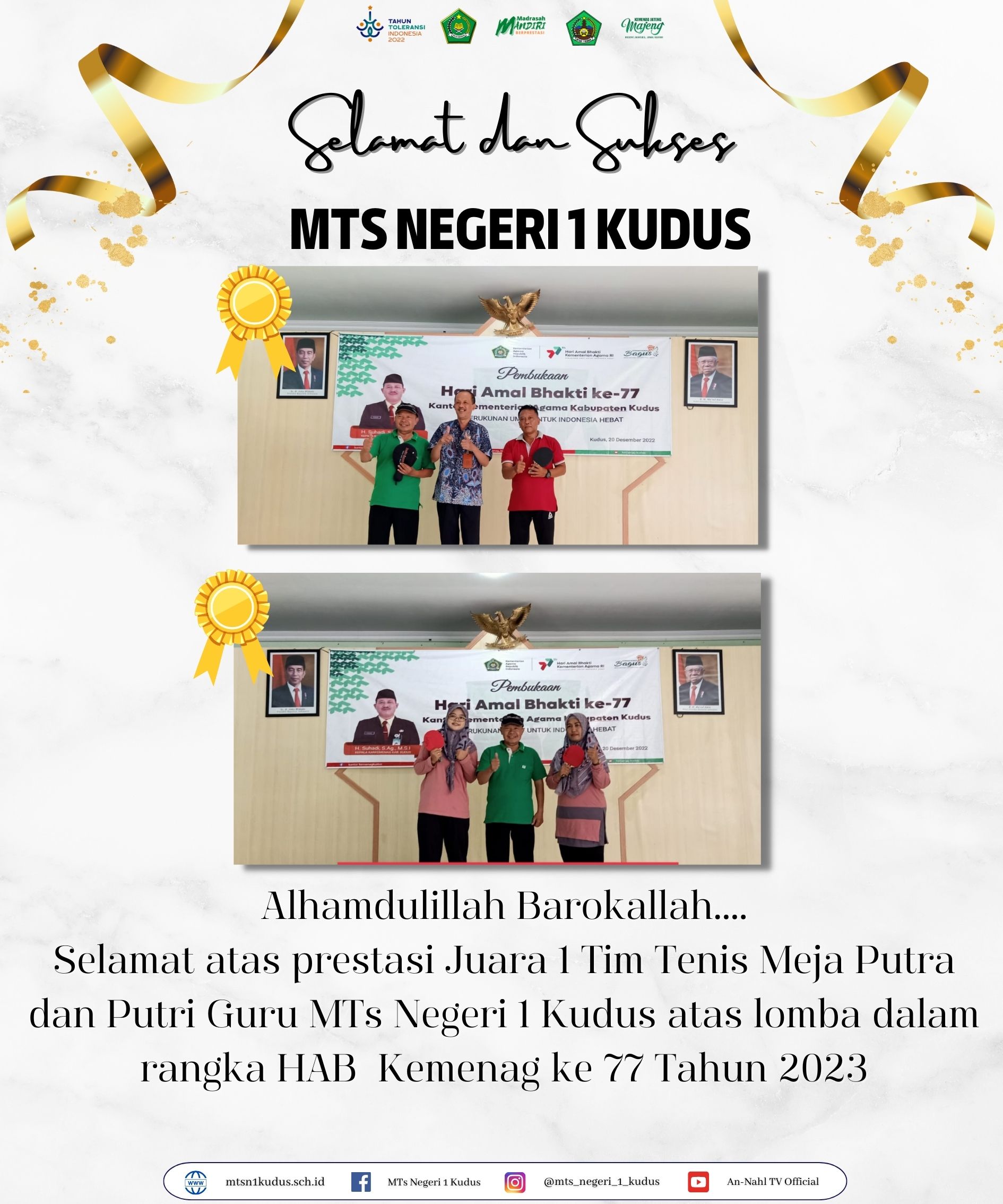 MTs Negeri 1 Kudus Borong Kejuaraan Lomba Tenis Meja