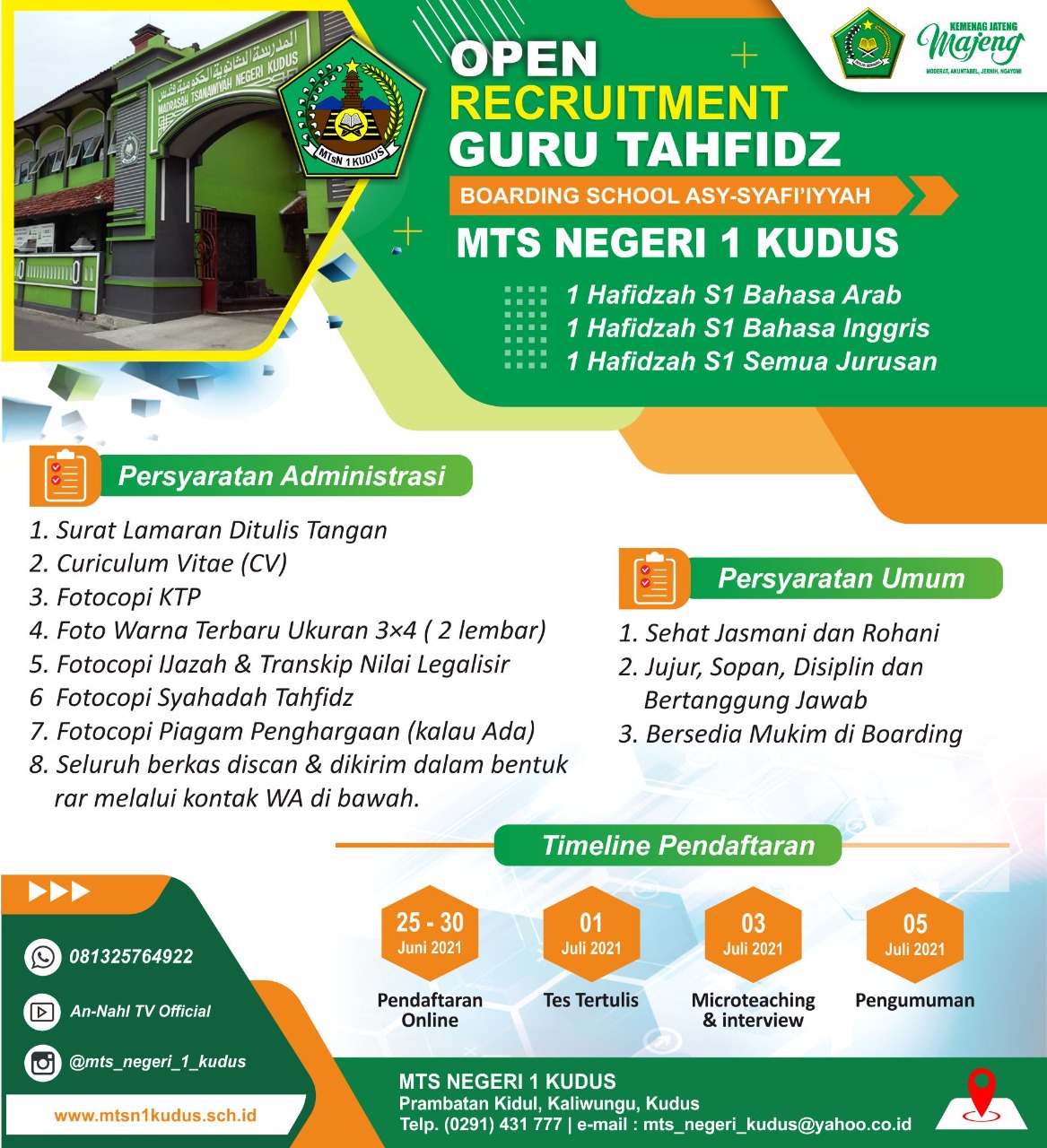 MTs Negeri 1 Kudus Membuka Loker Guru Tahfidz Boarding School Asy Syafi'iyyah 