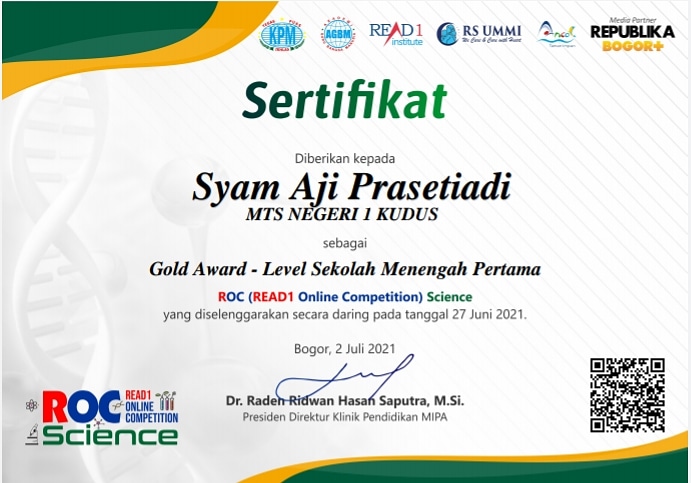 1 Siswa MTs Negeri 1 Kudus Raih Gold Award ROC