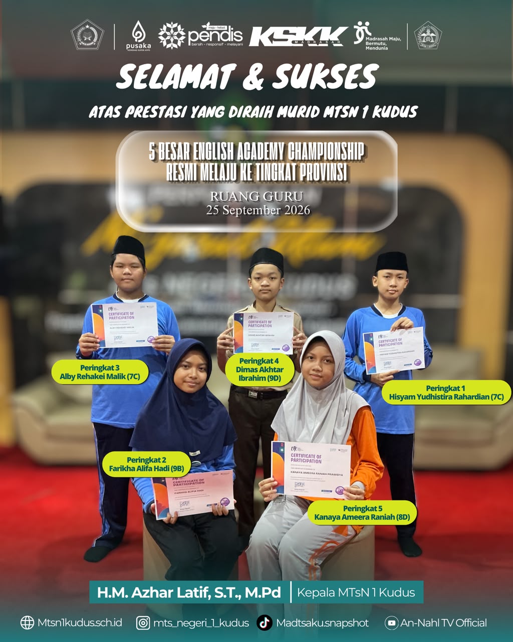 Lima Murid MTsN 1 Kudus Masuk 5 Besar English Academy Championship, Melaju ke Tingkat Provinsi