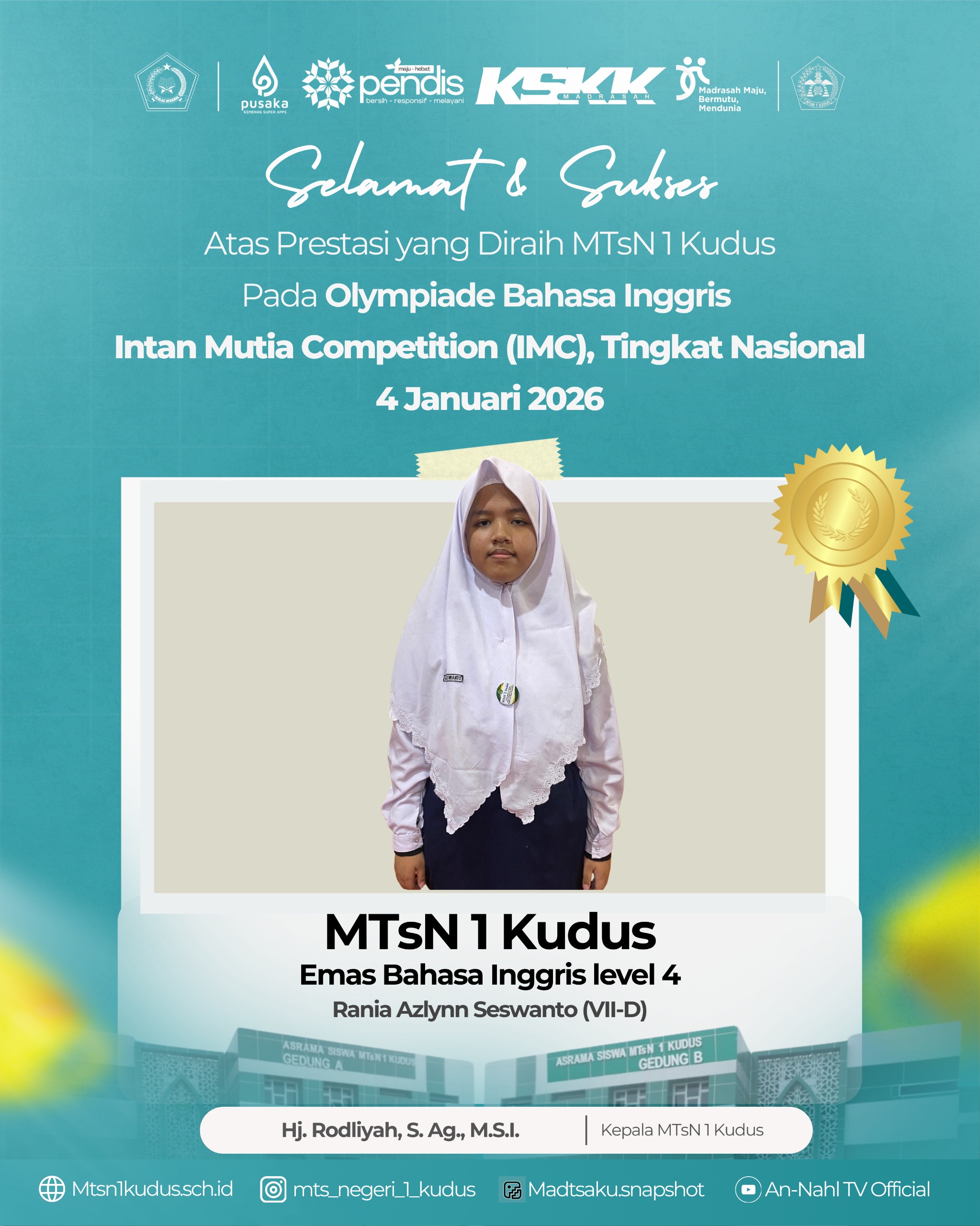 Siswi MTsN 1 Kudus Raih Medali Emas Olimpiade Bahasa Inggris Level 4 Tingkat Nasional