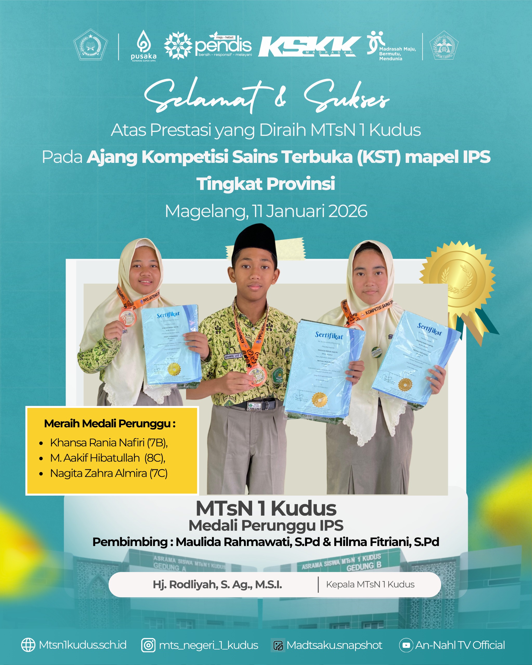 Tiga Siswa MTsN 1 Kudus Raih Medali Perunggu pada Kompetisi Sains Terbuka IPS Tingkat Provinsi