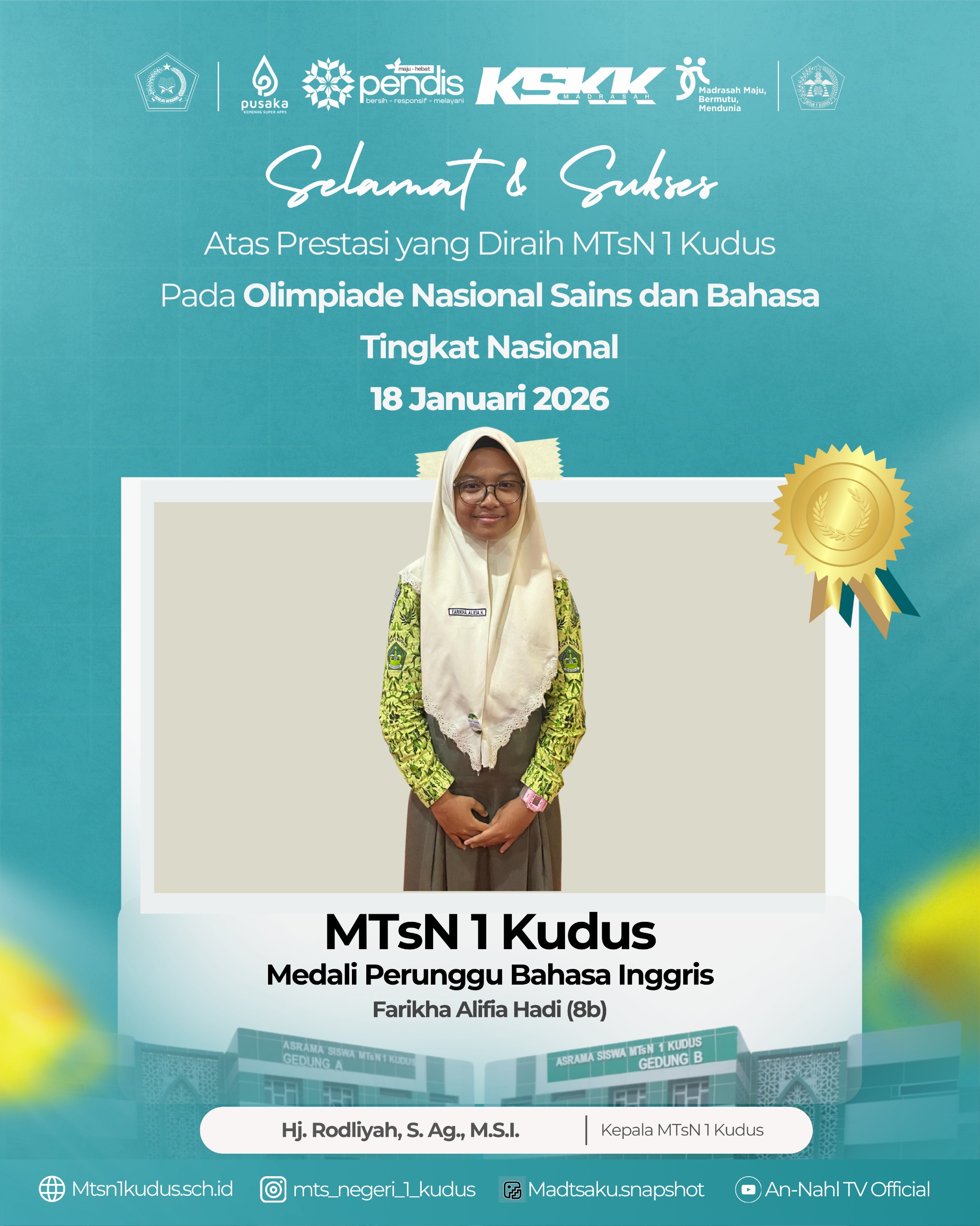 Siswa MTsN 1 Kudus Raih Medali Perunggu Bahasa Inggris Tingkat Nasional