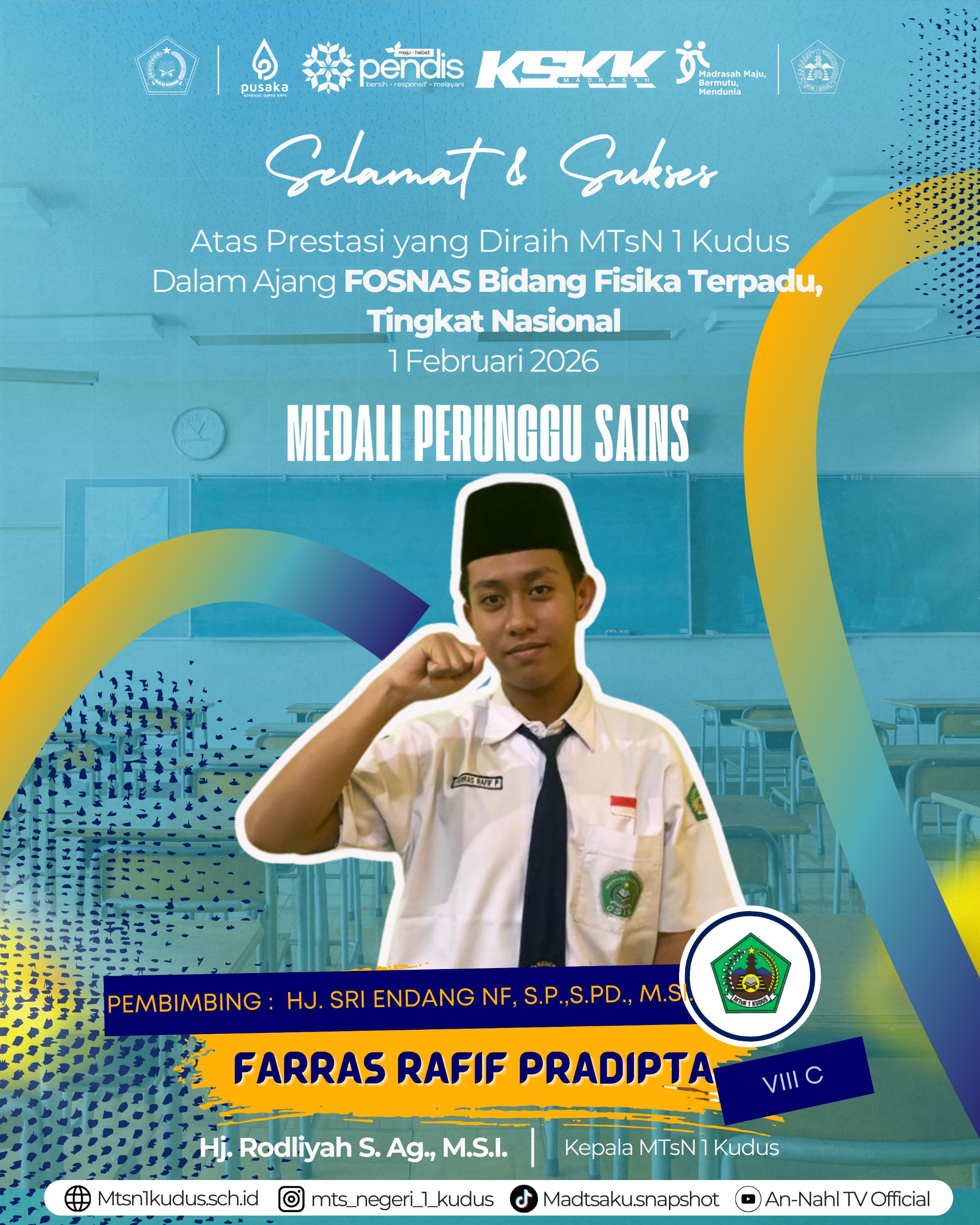 Siswa MTsN 1 Kudus Raih Medali Perunggu FOSNAS Bidang Fisika Terpadu Tingkat Nasional